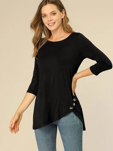 Vista 3 de Allegra K Túnica para mujer, ajuste holgado, cuello redondo, manga 34, manga 34