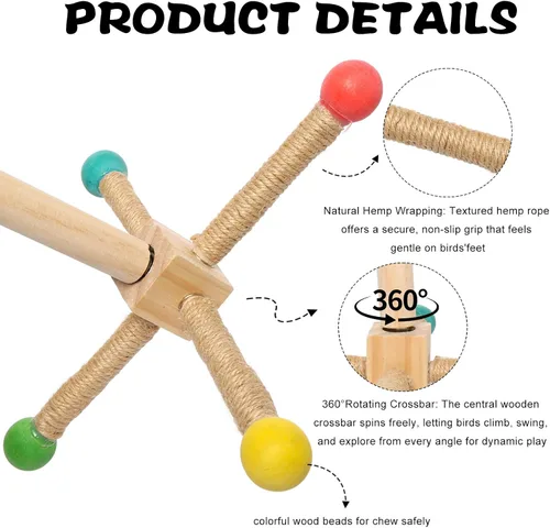 Vista 3 de 1 unids Bird Stand Perch Toy Interactivo Madera y Cuerda de Cáñamo Perca Enriquecimiento Ejercicio para loros pequeños medianos Fácil de instalar