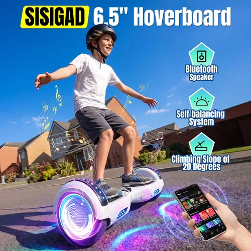 Vista 2 de SISIGAD Scooter de autoequilibrio con Bluetooth y ruedas LED de 6.5", para mayores de 6 años 02-Blanco