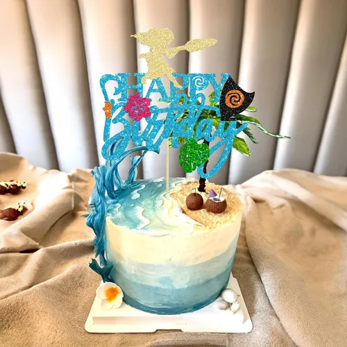 Vista 7 de Gyufise 1 pieza de decoración para pastel de cumpleaños Moana con purpurina de hoja de palma, flor de moana para pastel tropical hawaiano Luau, baby
