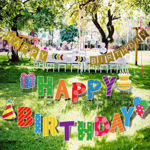Vista 7 de Yulejo Letreros de feliz cumpleaños de 17 piezas, letras de 16 pulgadas, letreros de césped con estacas, impermeables, multicolor