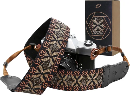 Vista 29 de Padwa Lifestyle Helios Moon God - Correa para cámara de 2 pulgadas, doble capa, extremos de piel vacuna, correas de cámara para fotógrafos, tejido
