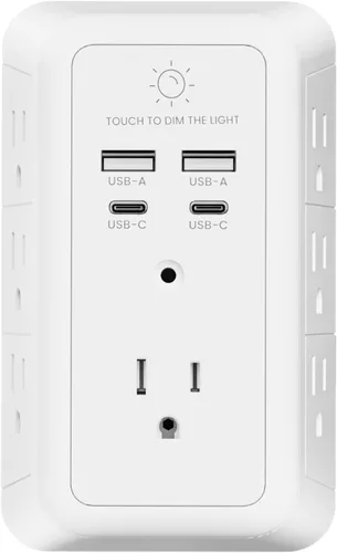 Vista 9 de Protector de sobretensiones de enchufes múltiples, extensor de 7 salidas con luz nocturna, cargador de pared USB con 2 puertos USB C y 2 puertos