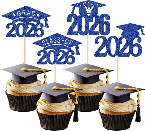 Vista 38 de Paquete de 24 adornos para cupcakes de clase 2026 con purpurina 2026 Felicidades Graduación Diploma Done Cupcake Picks 2026 Graduación Temática