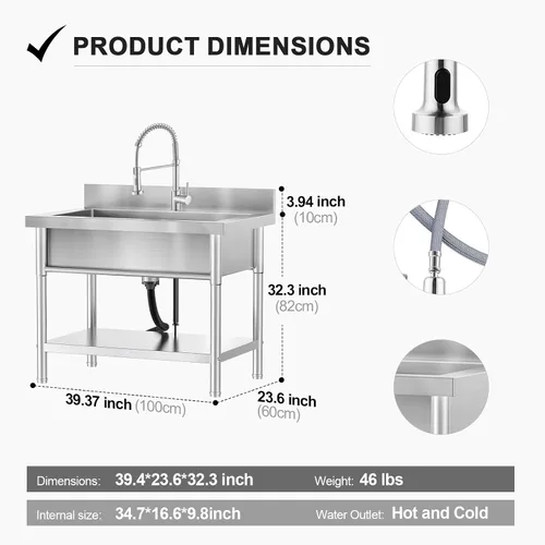 Vista 2 de 39in Large Capacity Stainless Steel Utility Sink with 2-Water Outlet Modes