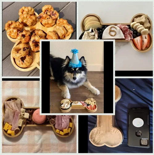 Vista 6 de Bandeja de servir para perros, suministros para fiesta de cumpleaños, bandeja para servir huesos, tabla de cortar de madera, plato de dulces