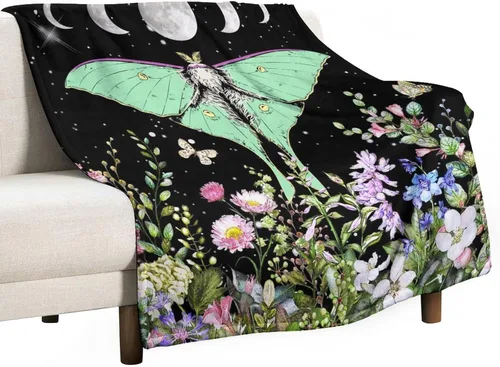 Vista 28 de Manta gótica de franela de polilla abstracta, mágica, bohemia, mariposa, esqueleto, luna, estrellas, manta estética para hombres, mujeres, niñas