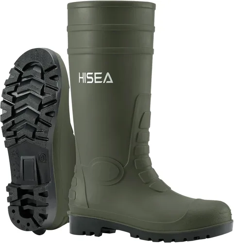 Vista 8 de HISEA Botas de lluvia para hombre con refuerzo de acero, botas de goma impermeables, botas de lluvia de PVC sin costuras, calzado protector Negro