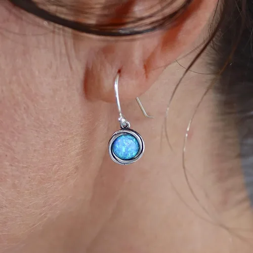 Vista 5 de Opal Earrings, Sterling Silver Dangle Earrings for women, Small round Blue Opal silver dangle earring, October Birthstone, Simple Opal earrings