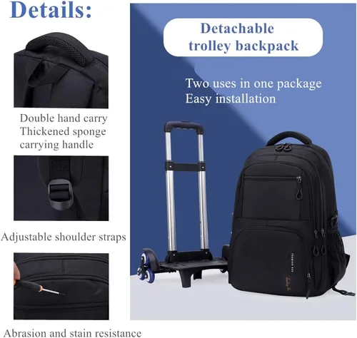 Vista 4 de EKUIZAI Bolsas de carretilla de color sólido Mochila para niños de escuela secundaria, escuela primaria, mochila rodante al aire libre, Gris