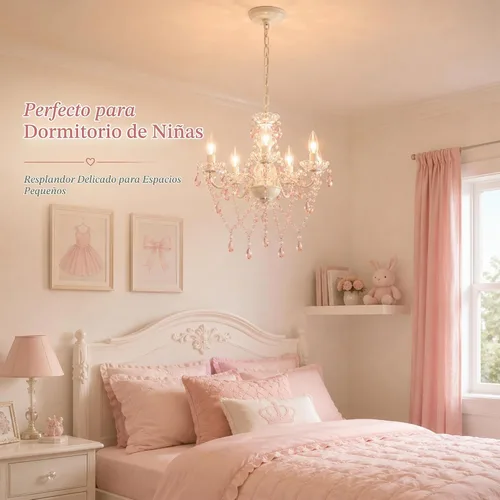 Vista 2 de Lámpara pequeña rosa y blanca para dormitorio de niñas, lámpara de techo moderna de cristal acrílico de 5 luces, mini candelabro para habitación