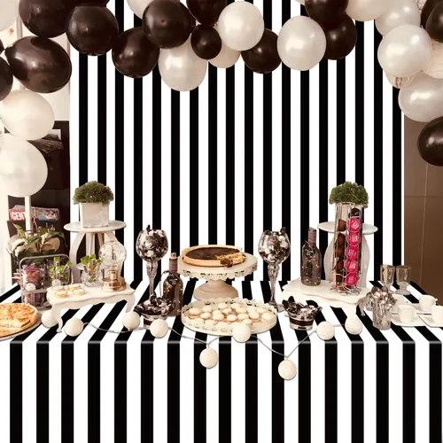 Vista 4 de 4 manteles de rayas blancas y negras, funda de mesa a rayas negras, decoración de mesa de plástico para vacaciones, cumpleaños, baby shower, picnic