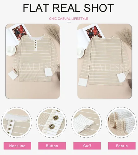 Vista 5 de EVALESS Camisetas de manga larga para mujer, a rayas, con botones, ajuste holgado, sexy, Henley