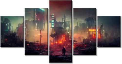 Vista 250 de Cuadros de 5 paneles de Cyberpunk City, arte de pared, representación de vallas publicitarias, edificios modernos en la capital con obras de arte