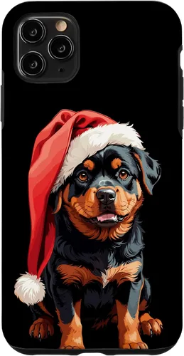 Vista 11 de iPhone 15 Divertido Rottweiler Navidad lindo cachorro con sombrero de Navidad caso