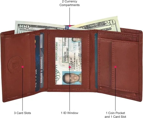 Vista 4 de LB LEATHERBOSS Billetera compacta delgada y compacta con bolsillo para monedas y identificación para niños, Borgoña, Billetera triple