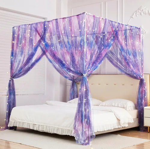 Vista 10 de Mengersi Cortina para Dosel de Cama Princesa, con 4 Esquinas, Dosel con Mosquitero para Cama de Princesa (Blanco, Doble)