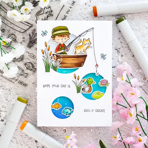 Vista 2 de Juego de sellos y troqueles para niños de pesca para hacer tarjetas, sellos transparentes y troqueles de corte de metal para álbumes de recortes