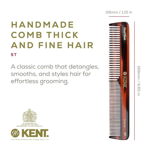 Vista 2 de Kent 5T - Peine de doble diente de 6.6 pulgadas, diente fino y ancho para cabello, barba y bigote, peinado y aseo - grueso y fino para hombres