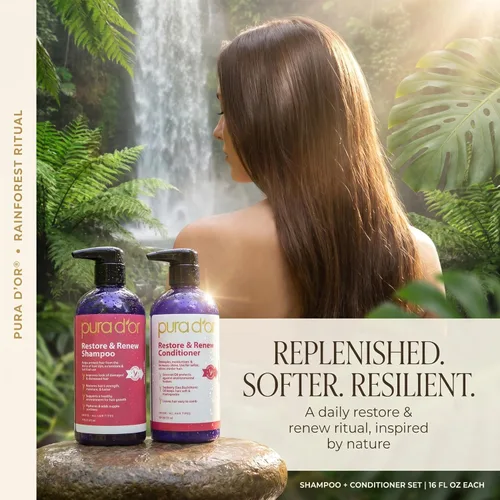 Vista 6 de PURA D'OR Restore & Renew Set de champú y acondicionador para cabello fuerte, saludable y nutrido con aloe vera orgánico, romero, espino amarillo
