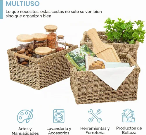 Vista 2 de Cesta de hierba marina natural con mango de madera, cesta de mimbre rectangular mediana para sala de estar, 12.2 x 8.9 x 6.7 pulgadas, paquete de 3
