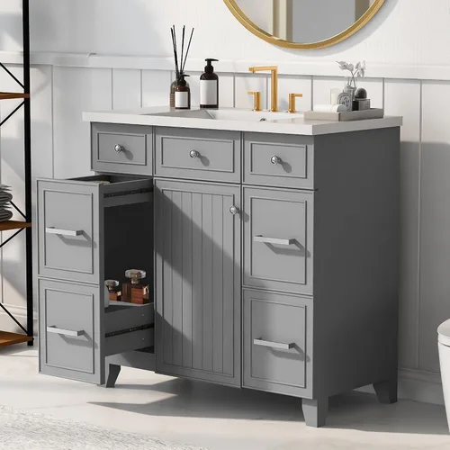 Vista 18 de Tocador de baño multifuncional de 30 pulgadas con lavabo individual, armario combinado de montaje inferior, marco de gabinete de baño de madera