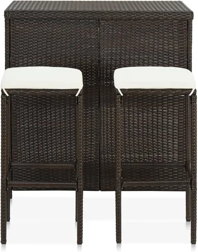 Vista 2 de Juego de barras de 3 piezas de ratán sintético rectangular marrón con marco de acero, diseño moderno para interiores y exteriores, comedor y patio