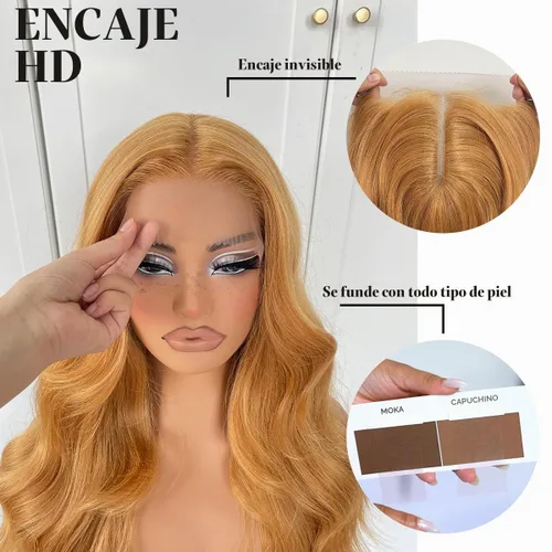 Vista 5 de #27 Peluca de encaje frontal rubia miel sin pegamento, onda corporal, pelucas de encaje frontal sintéticas prediseñadas, con línea de cabello #27