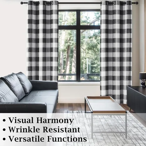 Vista 7 de Cortinas cortas de lino texturizado con diseño de búfalo blanco y negro a cuadros, 100% opacas con forro, paneles de estilo granja