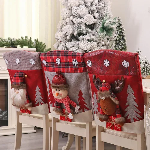 Vista 7 de Protector de cubierta trasera para silla de comedor de Papá Noel y renos navideños, adornos para decoración de interiores de Navidad, fiestas Muñeco