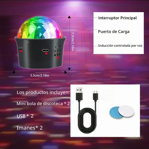Vista 6 de Paquete de 2 mini luces de bola de discoteca activadas por sonido, luces de fiesta de discoteca multicolor, batería recargable por USB, luces