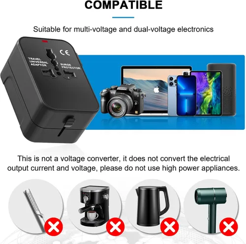 Vista 3 de Adaptador de viaje universal con USB C, HITRENDS Worldwide todo en uno, adaptador de corriente internacional, convertidor de viaje y adaptador