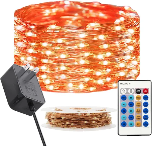Vista 11 de RUICHEN Cadena de luces LED de alambre de cobre regulable de 33 pies, 100 luces LED enchufables con control remoto, blanco cálido