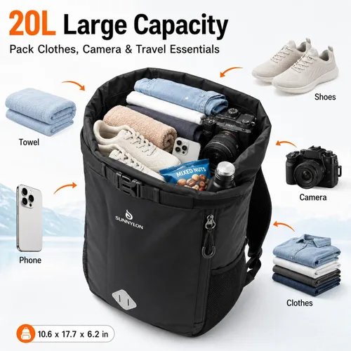 Vista 3 de Bolsa seca de 20L, mochila impermeable con bolsa para la cintura y funda para teléfono, bolsa seca con tapa enrollable para kayak, bolsa seca marina
