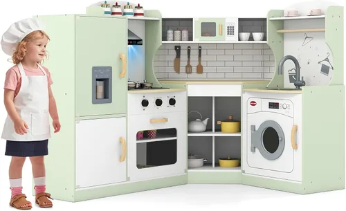 Vista 12 de Costzon Juego de cocina esquinera para niños, cocina de madera con sonidos y luces, lavadora, máquina de hielo, microondas, horno, fregadero