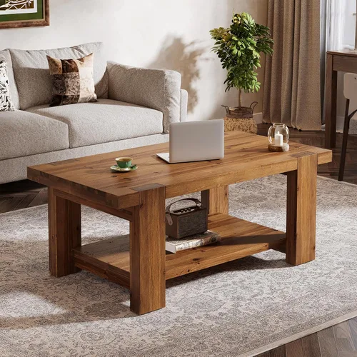 Vista 5 de Mesa de centro de madera maciza con estante de almacenamiento de 2 niveles, mesa central rectangular de granja de 47.2 pulgadas para sala de estar