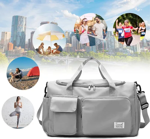 Vista 7 de Bolsa deportiva de gimnasio con compartimento para zapatos, bolsa de viaje con bolsillo separado seco húmedo para hombres y mujeres, bolsa de noche