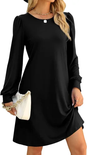 Vista 3 de Aloodor Vestido de otoño para mujer manga larga abombada cuello redondo vestidos casuales
