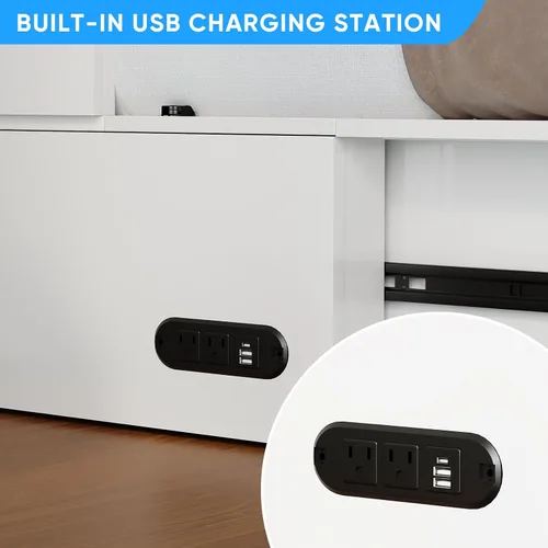 Vista 7 de PUREMIND Cama Murphy de tamaño completo con gabinete, marco de cama escondite multifuncional con cajones de almacenamiento, puertos de carga USB