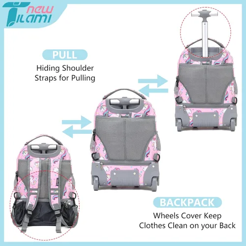 Vista 6 de Mochila rodante de 16 pulgadas, nueva mochila TILAMI para laptop con ruedas para niñas y niños en la escuela, Unicorn