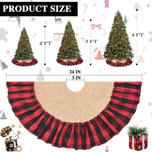Vista 7 de Mini falda de árbol de arpillera a cuadros Buffalo con volantes rojos y negros, falda pequeña de árbol de Navidad a cuadros rojos y negros de 24