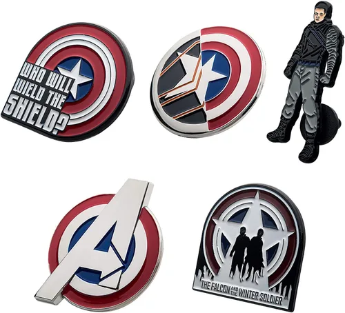 Vista 3 de Marvel Studios: The Falcon y The Winter Soldier - Juego de 5 pines de solapa con base de metal y esmalte con caja circular de 6.3 pulgadas