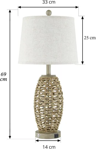 Vista 2 de Juego de 2 lámparas de mesa de ratán natural de 27", interruptor táctil, lámparas de mesita de noche regulables de 3 vías, con puertos de carga USB