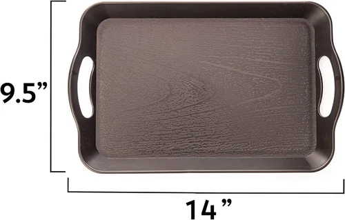 Vista 4 de Bandeja de plástico con asas para cafetería - 35.6 x 22.9 cm, rectangular con textura de madera, para servir alimentos, ideal para buffets