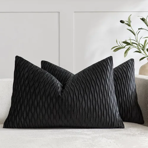 Vista 23 de DEZENE Fundas de almohada para sofá color marfil blanco: pack de 2 fundas de almohada cuadradas de terciopelo a rayas originales de 16x16 pulgadas