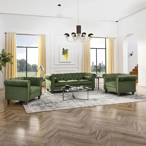 Vista 11 de Juego de 2 piezas Air Leather Chesterfield para sala de estar, sofá y silla Marrón