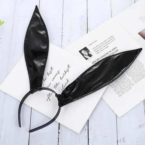 Vista 6 de Diadema de cuero negro con orejas de conejo, diademas largas con orejas de conejo, accesorios para el cabello para bailes de máscaras, discotecas
