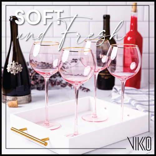 Vista 2 de Vikko Copas de vino, copa de vino rosa de 17 onzas con borde dorado, juego de 4 copas de vino con tallo para vino tinto y blanco, copas de vino