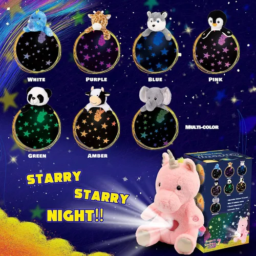 Vista 5 de Unicornio de peluche rosa con proyector de estrellas, musical, con volumen ajustable, luz nocturna, animales de peluche brillantes, juguetes
