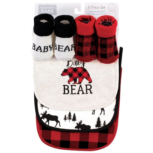 Vista 2 de Hudson Baby Conjunto de babero y calcetines unisex de algodón para bebé, Tamaño único Oso bebé a cuadros